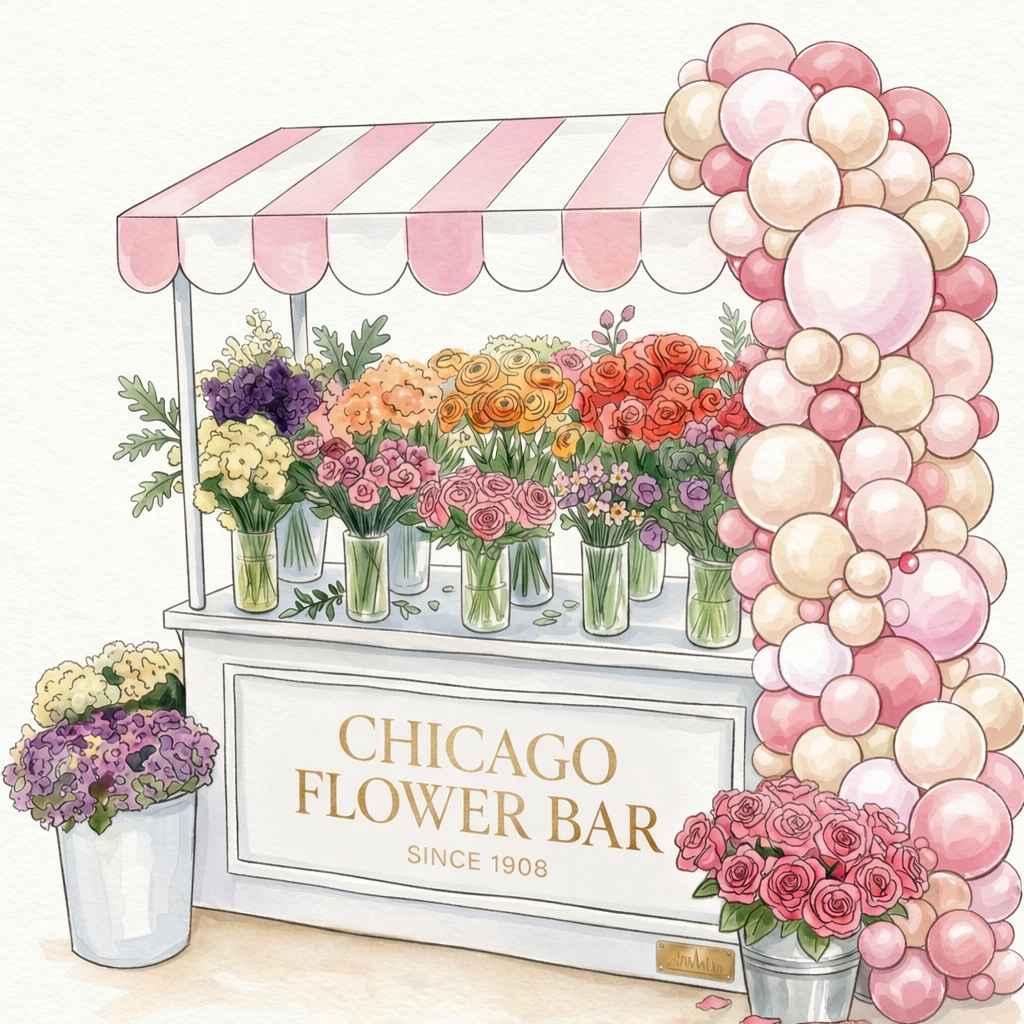 Bloom bar flower cart rental Chicago — flower bar station for wedding, bridal shower and corporate events
