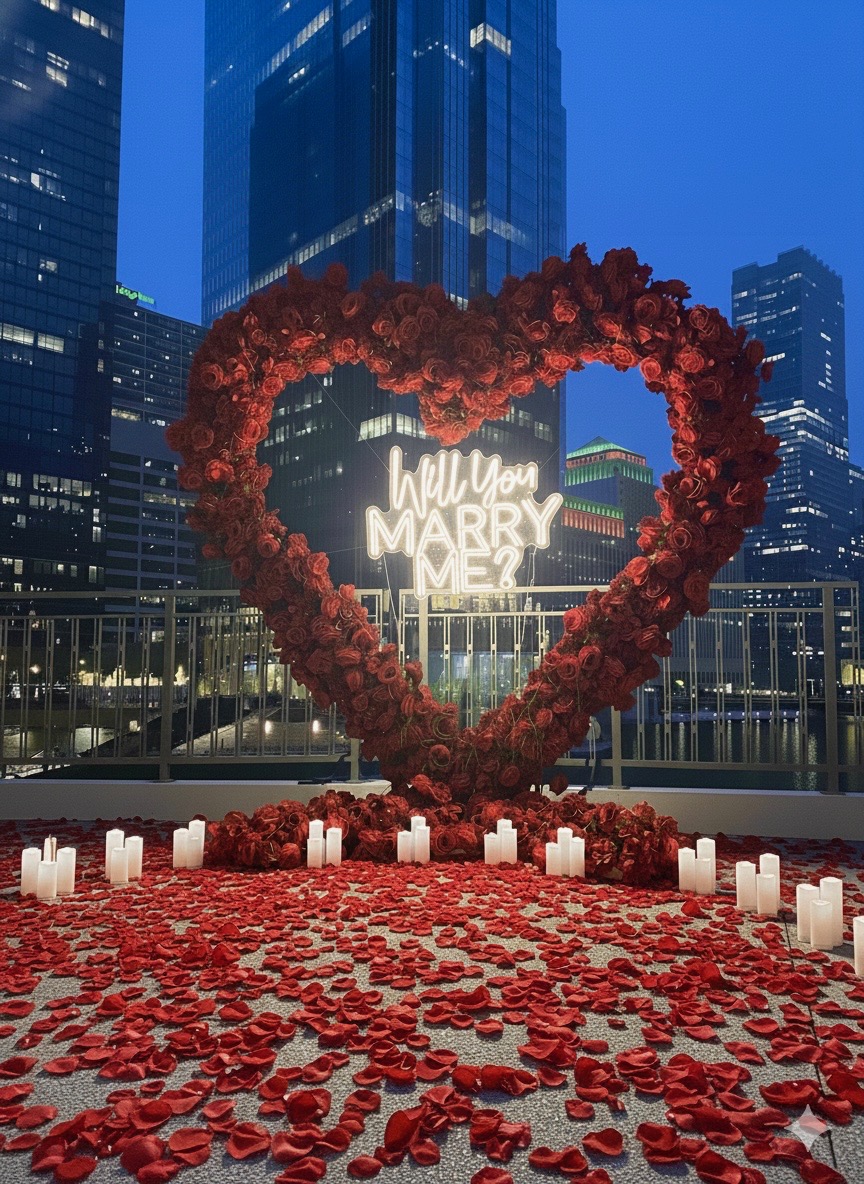 Proposal packages Chicago — luxury heart arch proposal setup with red roses, candles, and rose petals