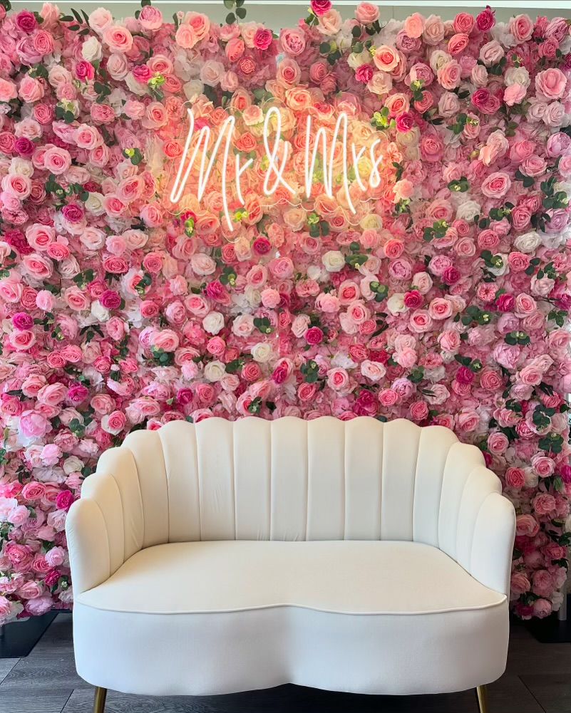 Pink rose flower wall backdrop rental Chicago — soft pink rose wall for bridal shower and wedding